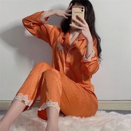 Ensemble de pyjamas de vêtements de nuit pour femmes Printemps Femme Douce Fille Imprimer Sakura Long Sleeev Pantalon Costumes Casual Mince Satin Home Wear Loungewear