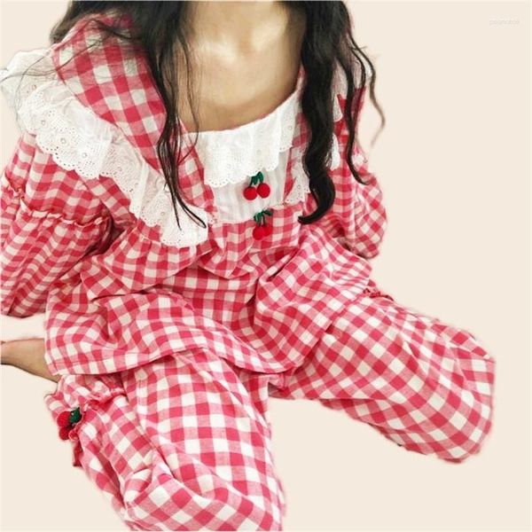 Conjunto de pijamas para mujer, pijama rojo con estampado de cuadros dulces, ropa de casa de algodón suave de talla grande, estilo lindo de princesa acogedor
