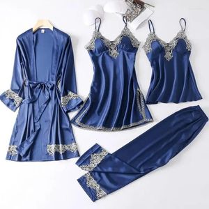 Vêtements de nuit pour femmes Pyjamas Ensemble Femmes 4PCS Robe Sexy Dentelle Garniture Kimono Peignoir Robe Mince Soie Satin Vêtements De Nuit Pantalons Lâches Costumes