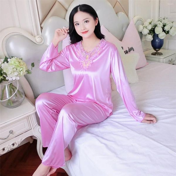 Pyjama en Satin de soie pour femmes, ensemble de vêtements de nuit, grande taille 4XL, vêtements de maison pour dames, 2 pièces, printemps-automne