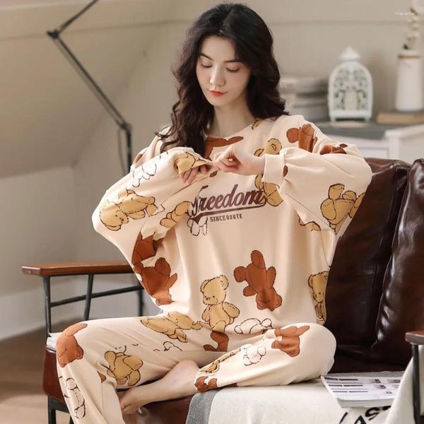 Pyjamas de vêtements de nuit pour femmes ensembles de dessins dessinons pyjamas à carreaux salons d'été automne mignon pijamas mujamas mujer 2 pièces pjs vêtements de maison