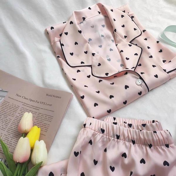 Ropa de dormir para mujer, conjuntos de pijamas de seda satinada sintética, Pijama de primavera para mujer, pijama de manga larga con estampado romántico, pijama de 2 piezas para el hogar