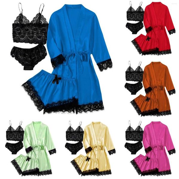 Pyjamas pour femmes Ensembles de pyjamas pour femmes 4 PC Dentelle Cardigan à manches longues Robes avec pantalon court Spaghetti Strap Lingerie sexy