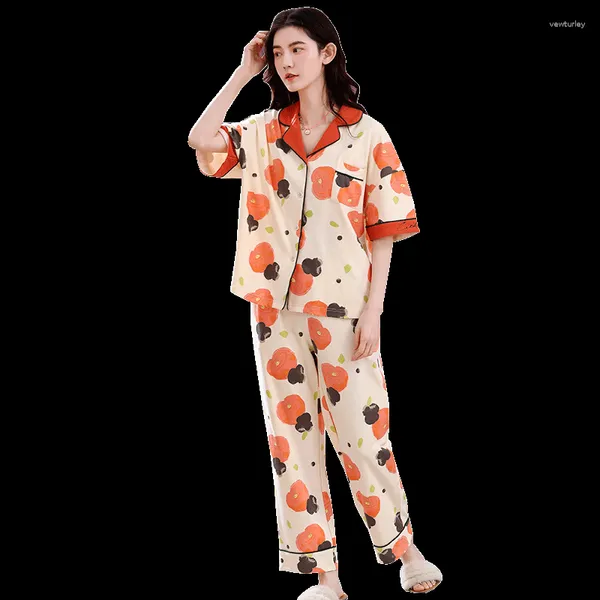 Pyjamas de vêtements de nuit pour femmes ensembles pour femmes 2023 vêtements de nuit d'été loisirs maison tissu femme imprimer à manches courtes complet pur coton pyjama fille