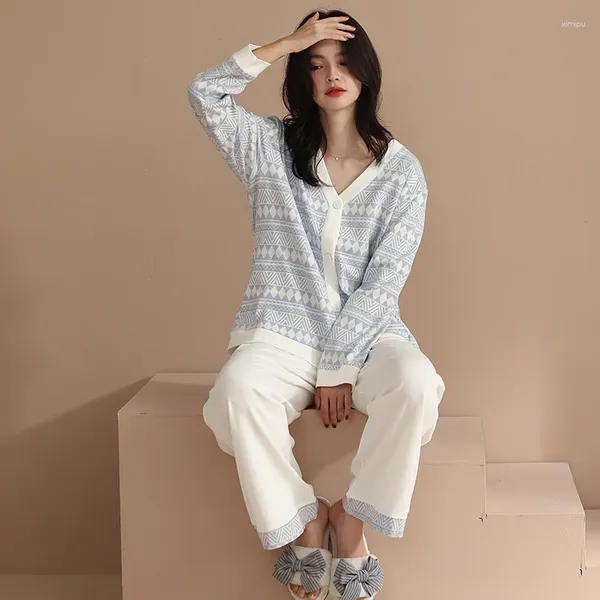 Ropa de dormir para mujer, conjuntos de Pijamas de algodón para primavera y otoño, cárdigan holgado de manga larga CA, traje de dos piezas, ropa de casa para mujer