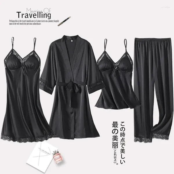 Ropa de dormir para mujer Pijamas Traje Primavera Verano Mujeres Sexy Black Satin Wedding Robe Set Kimono Vestido de encaje Ropa de dormir Suelta Homewear