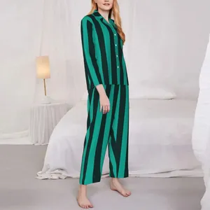 Vêtements de nuit pour femmes Pyjamas Femmes Vert Vertical Rayé Maison Lignes Noires 2 Pièces Casual Lâche Pyjama Ensembles À Manches Longues Costume Chaud