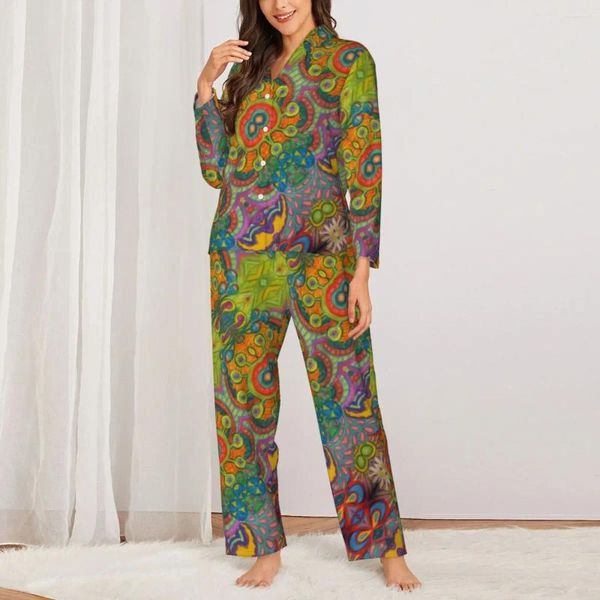 Vêtements de nuit pour femmes Pyjamas Femmes Rétro 60s Imprimer Nightwear Funky Bohème 2 Pièces Casual Pyjama Ensemble À Manches Longues Belle Maison Surdimensionnée