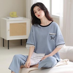 Pyjamas pour femmes Pyjamas Femmes Été Coton Col rond Manches courtes Capris Confortable Respirant Vêtements de maison Loungewear Kawaii