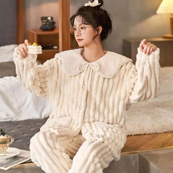 Ropa de dormir para mujer Pijamas Mujeres Invierno Homewear Coral Fleece Suelto Linda Chica Engrosada Embarazada Famale Cálido Traje de Casa Señora Dos Piezas Dormir