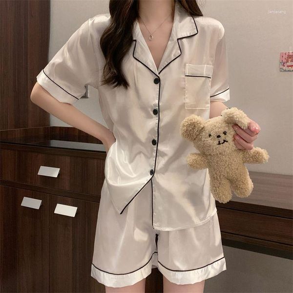 Vêtements de nuit pour femmes Patchwork femmes ensembles de pyjama bouton Shorts 2 pièces Piiama Satin vêtements de nuit été col rabattu maison costume 2023