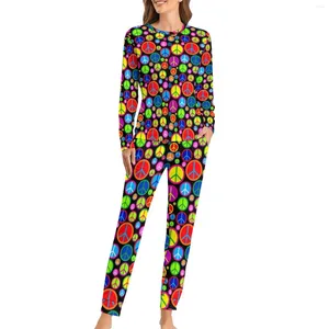 Dames slaapkleding vredessymbool pyjama's lente dynamische kleurrijke oogavond oversize nachtkleding vrouwen lange mouw grafische schattige pyjama sets
