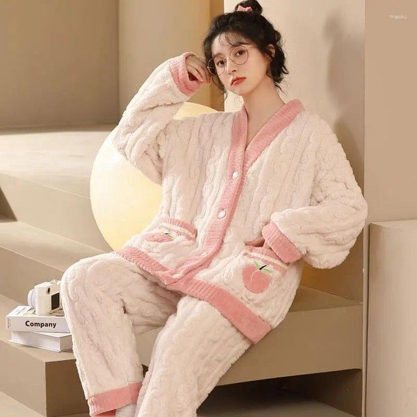 Vêtements de nuit pour femmes imprimé pêche femmes pyjamas ensemble hiver polaire velours 2 pièces pantalon costume de maison sommeil moelleux coréen vêtements de nuit chauds