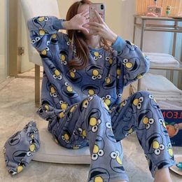 Dames Nachtkleding Pijama Sets Flanellen Pyjama Voor Vrouw Lange Mouwen Broek Tweedelige Set Cartoon Warme Pyjama Loungewear Dames
