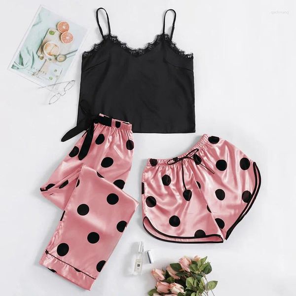 Ropa de dormir para mujer, traje de pijama, pijamas de satén de seda sexy, conjunto de tres piezas, lencería íntima rosa con estampado de puntos, ropa de verano con tirantes para el hogar