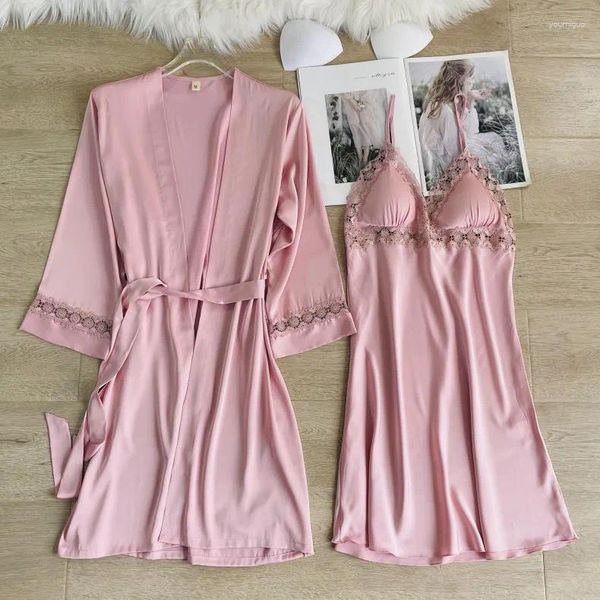 Ropa de dormir de las mujeres Pink Lace Patchwork Kimono Albornoz Vestido 2PCS Traje Mujeres Robe Set Satin Perspectiva Lencería íntima Ropa para el hogar