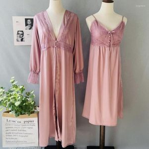 Vêtements de nuit pour femmes rose à manches longues femmes 2 pièces Kimono Robe ensemble Lingerie intime décontracté peignoir Robe col en v maison vêtements vêtements de nuit