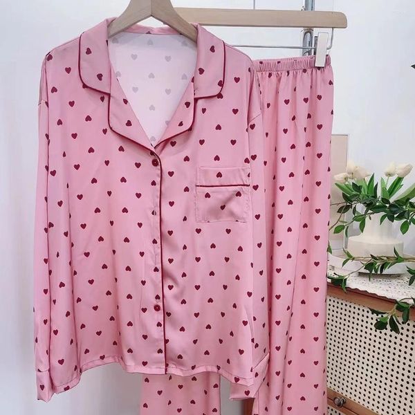 Ropa de dormir para mujer Traje de pijama con estampado rosa 2 piezas Ropa de hogar de manga larga Pijamas de rayón para mujer Ropa de dormir Traje de solapa Camisa informal Pantalones Ropa de descanso