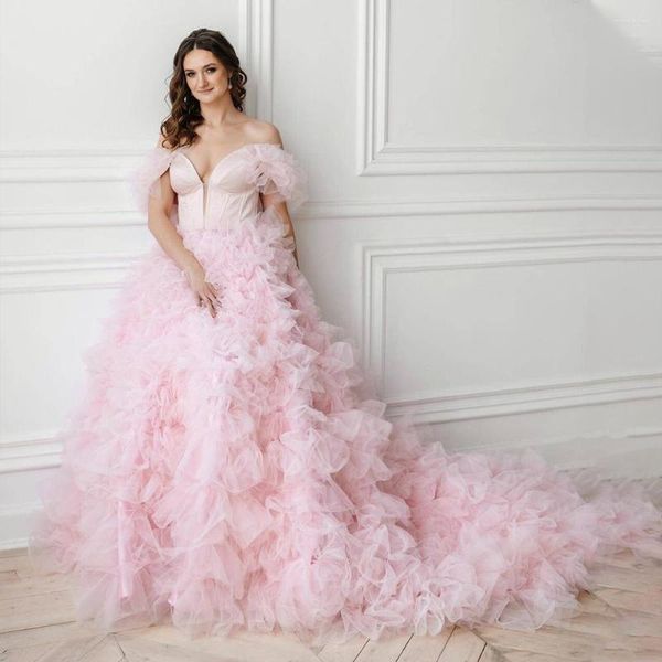 Vêtements de nuit pour femmes robes de mariée en tulle gonflé rose pour Poshoot robe d'anniversaire de mariage multicouche hors épaule longue robe de chambre