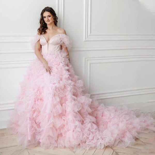 Ropa de dormir para mujer, vestidos de novia de tul rosa hinchados para Poshoot, vestido de aniversario de boda, vestido largo multicapa con hombros descubiertos