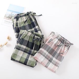 Ropa de dormir para mujer, pantalones de pijama a cuadros para parejas, pantalones de gasa de algodón, pantalones de pijama holgados finos de verano para el hogar