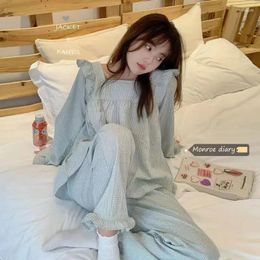 Pyjama imprimé à carreaux pour femmes, ensemble 2 pièces avec pantalon, Style coréen, doux, manches longues, costume pour printemps et automne