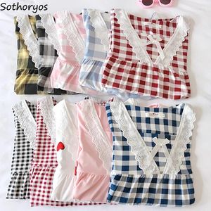 Ropa de dormir para mujer Conjuntos de pijamas de primavera a cuadros Mujeres Dulce Diseño de encaje Diario Arco Volantes Suave Cómodo Kawaii Girlish Thermal Ins