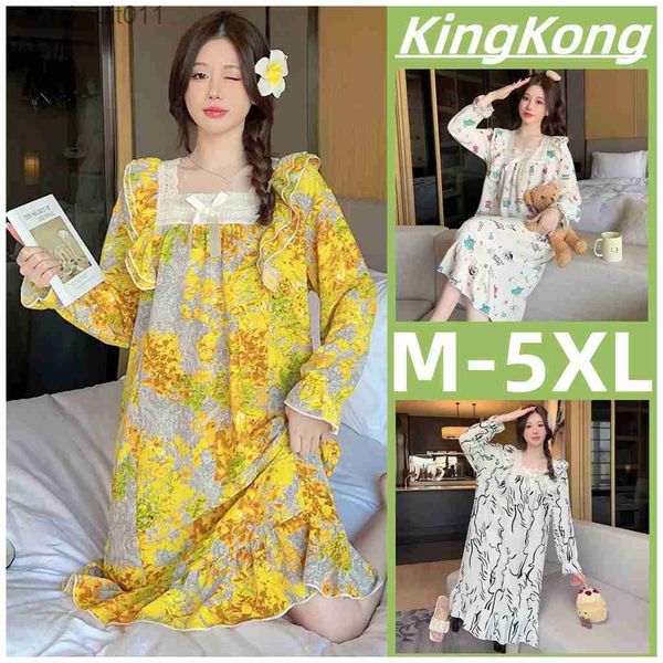 Ropa de dormir para mujer Planta Flor Impresión Vestido de dormir Vestido de pijamas de algodón Vestido de noche de talla grande Pijamas de manga larga sueltos Ropa de dormir Mujer M-5XL L230918