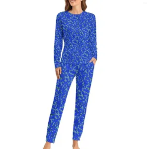 Dames slaapkleding planten print pyjama's blauwe bladeren retro pyjama sets vrouwelijke lange mouw slaapkamer grote maat 5xl 6xl