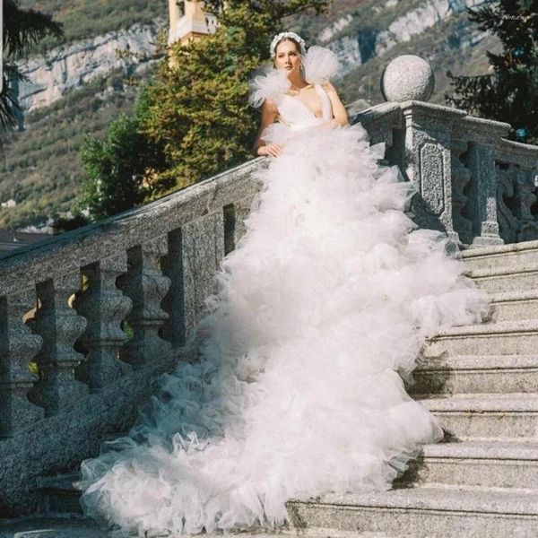 Ropa de dormir para mujer, vestido de fiesta de novia de tul Pluffy para Poshoot, vestido de aniversario de boda de tren de catedral, bata de novia larga multicapa blanca