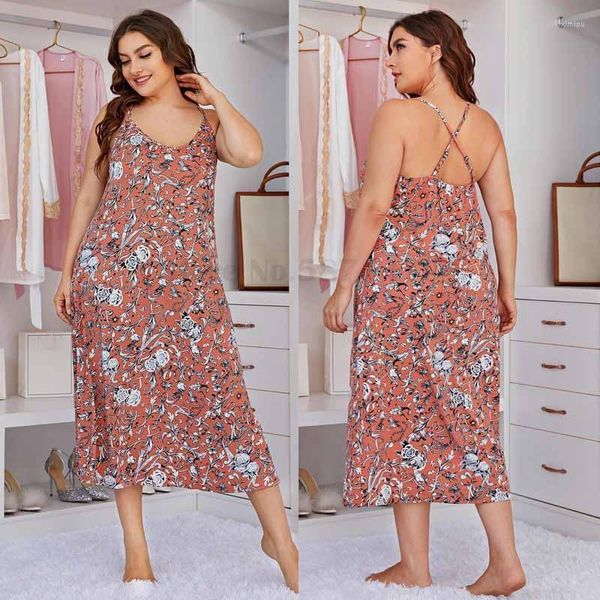 Ropa de dormir para mujer Tallas grandes 3XL 4XL Camisón Lencería íntima Camisón con tirantes Ropa de dormir sin espalda sexy Satén de verano Estampado suelto