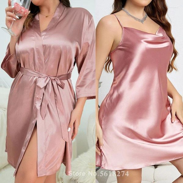 Ropa de dormir para mujer Tallas grandes 5XL Bata de boda rosa Camisón Mujeres Satin Kimono Albornoz Sexy Summer Home Dressing Bata Loungewear