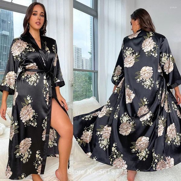 Ropa de dormir para mujer Tallas grandes 5XL Sexy Love Print Flower Long Robe Nightgown Kimono Albornoz Vestido Elegante Mujeres Satin Home Dressing