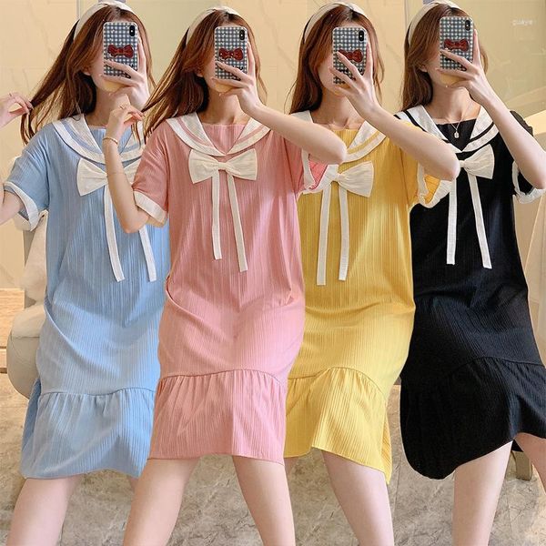 Ropa de dormir para mujer Tallas grandes 5XL Camisones de algodón de manga corta para mujeres 2023 Verano Coreano Lindo Arco Vestido de noche Nightdress Home Nighty