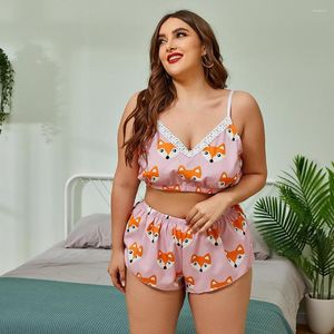 Vêtements de nuit pour femmes grande taille Europe et Amérique ensemble de pyjamas bretelles sexy Deep V Home Wear Print Top en dentelle Shorts 2 pièces sous-vêtements costume pour