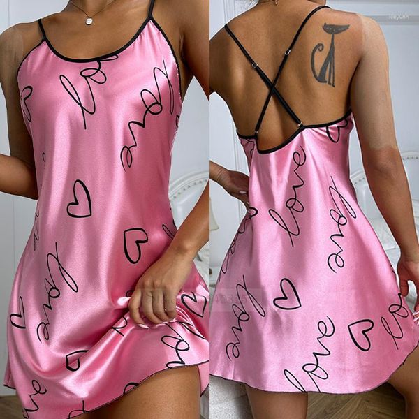 Ropa de dormir para mujer Tallas grandes Camisón femenino Sexy Mini Suspender Nightdress Chemise Lencería Pink Print Letter Nightwear Satin Home Wear