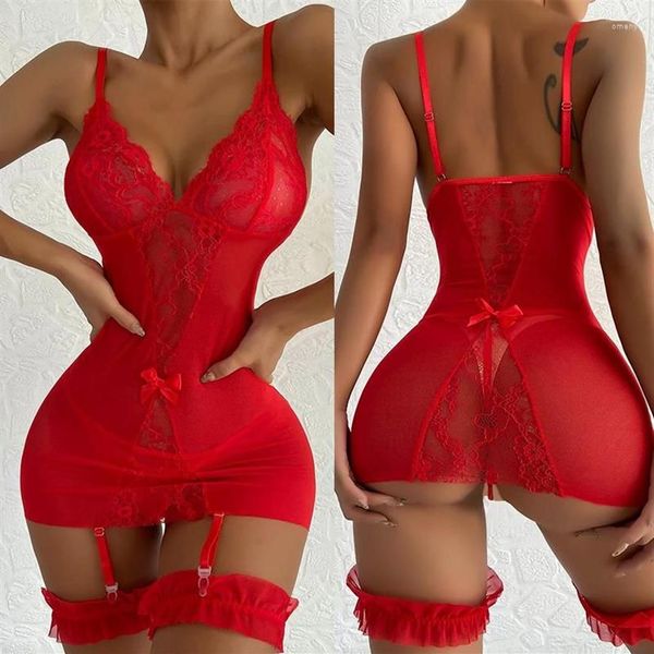 Ropa de dormir para mujer Tallas grandes Lencería para damas Mujeres sexy Camisón de encaje Vestido Babydoll Ropa interior Liga Cinturón Traje Malla Nightwea223c