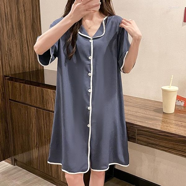 Ropa de dormir para mujer talla grande M-4XL camisón verano dulce manga corta vestido para casa falda de noche de seda hielo cárdigan lindo vestido coreano