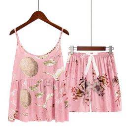 Dames slaapkleding plus maat S-3XL Viscose dames pyjama set met spaghetti-riemen en bowknot shorts loungewear dames pyjama y240426