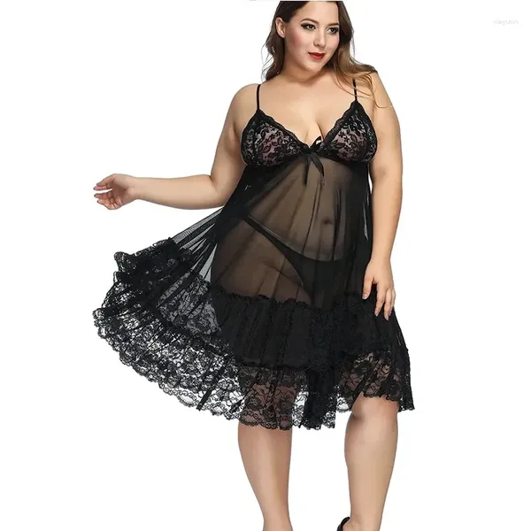 Vêtements de nuit pour femmes, grande taille, sexy, dentelle érotique, robe de nuit creuse, lingerie, chemise de nuit, pyjama à travers des sous-vêtements, noir 7XL