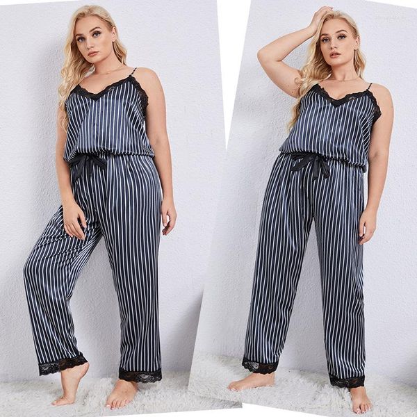 Ropa de dormir para mujer Tallas grandes Primavera y verano Sling Tops con pantalones largos Pijamas Diseño de rayas sueltas Ropa de casa informal de dos piezas