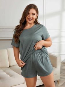 Dames slaapkleding plus size dames pyjama's set solide kleur t shorts 2 stuks Slpwear elastische nachtkleding huiskleding zoals vrijetijdshuis kleding y240426