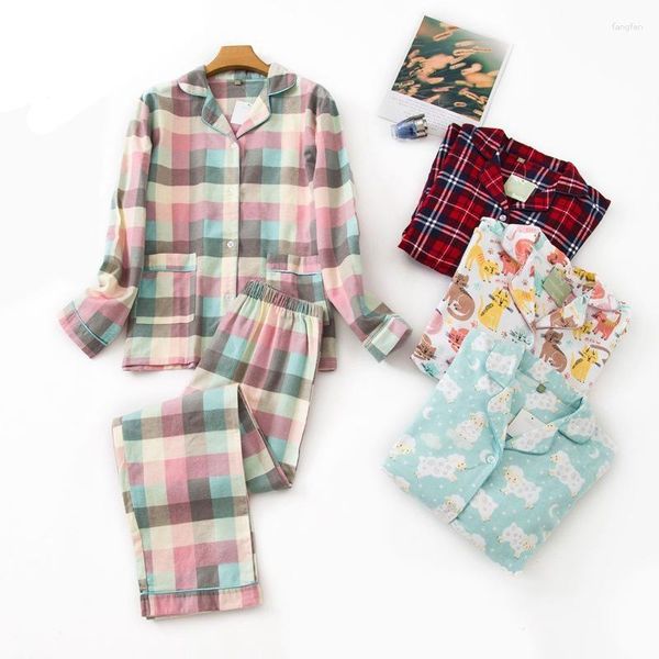 Vêtements de nuit pour femmes, grande taille, ensemble pyjama chaud en flanelle de coton, costume de maison, automne hiver, imprimé écossais, XL-3XL