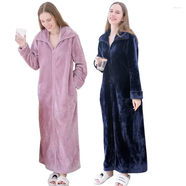 Vêtements de nuit pour femmes Enceinte Peignoir d'hiver Dressing épais Robes thermiques Taille de bain Robe longue Robe de flanelle Hommes Lovers Zipper Ultra Plus Femmes