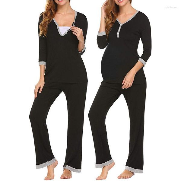 Ropa de dormir para mujeres Embarazadas Manga de 3 cuartos Costuras de colores en contraste Pantalones ajustables Pijamas Traje con cuello en V Pjs