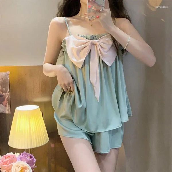 Ropa de dormir para mujer Princesa Wind Bow Suspender Pijamas Mujer Verano Thin Cute Girl Ins Home Pijamas Mujeres Kawaii Satin Pjs Seda Conjunto de pijama