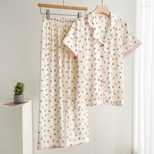 Ropa de dormir para mujer, conjunto de pijamas de 2 uds con estampado, lencería íntima de verano, pantalón camisero de rayón informal, traje de pijama con cintura elástica, ropa para el hogar