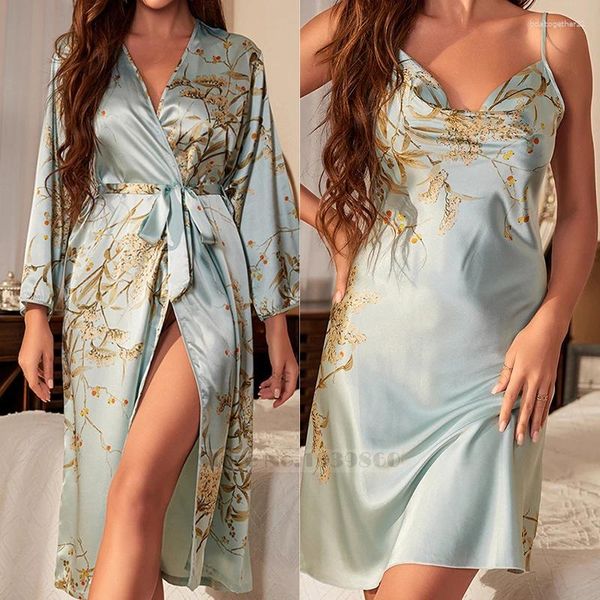 Vêtements de nuit pour femmes Imprimer Cherry Femme NightyRobe Set Chemise de nuit Printemps Été Kimono Peignoir Robe Lâche Satin Home Robe Lounge Wear