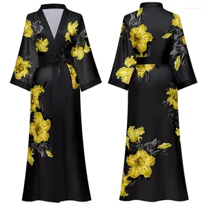 Vêtements de nuit pour femmes Imprimer Fleur Noir Kimono Peignoir Robe Femmes Vêtements De Nuit À Manches Longues Robe Longue Chemise De Nuit Casual Rayonne Home Wear