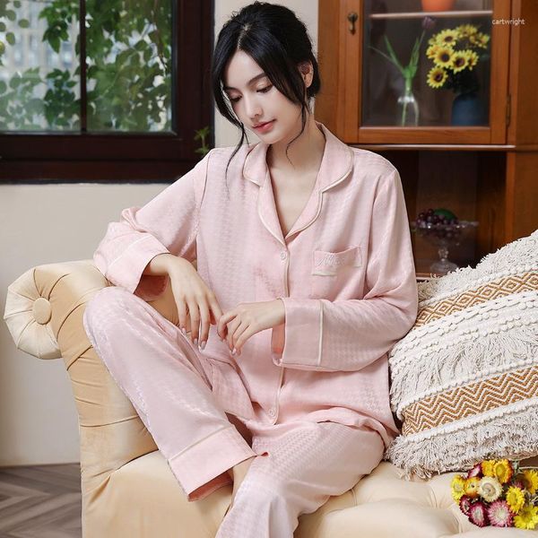 Pyjama pied-de-poule imprimé vêtements de nuit pour femmes costume femmes Satin 2 pièces ensembles PJS doux boutonné Lingerie intime à manches longues vêtements de maison